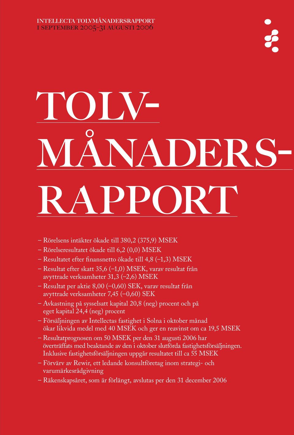 avyttrade verksamheter 7,45 ( 0,60) SEK Avkastning på sysselsatt kapital 20,8 (neg) procent och på eget kapital 24,4 (neg) procent Försäljningen av Intellectas fastighet i Solna i oktober månad ökar
