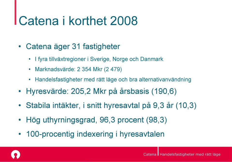 alternativanvändning Hyresvärde: 205,2 Mkr på årsbasis (190,6) Stabila intäkter, i snitt