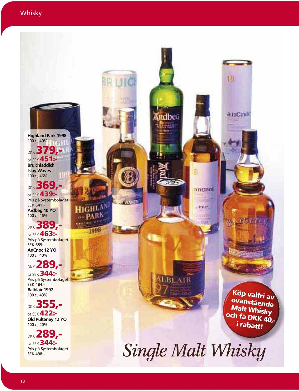 289,- ca SEK 344:- Pris på Systembolaget SEK 484:- Balblair 1997 100 cl, 43% DKK 355,- ca SEK 422:- Old Pulteney 12 YO 100 cl, 40%
