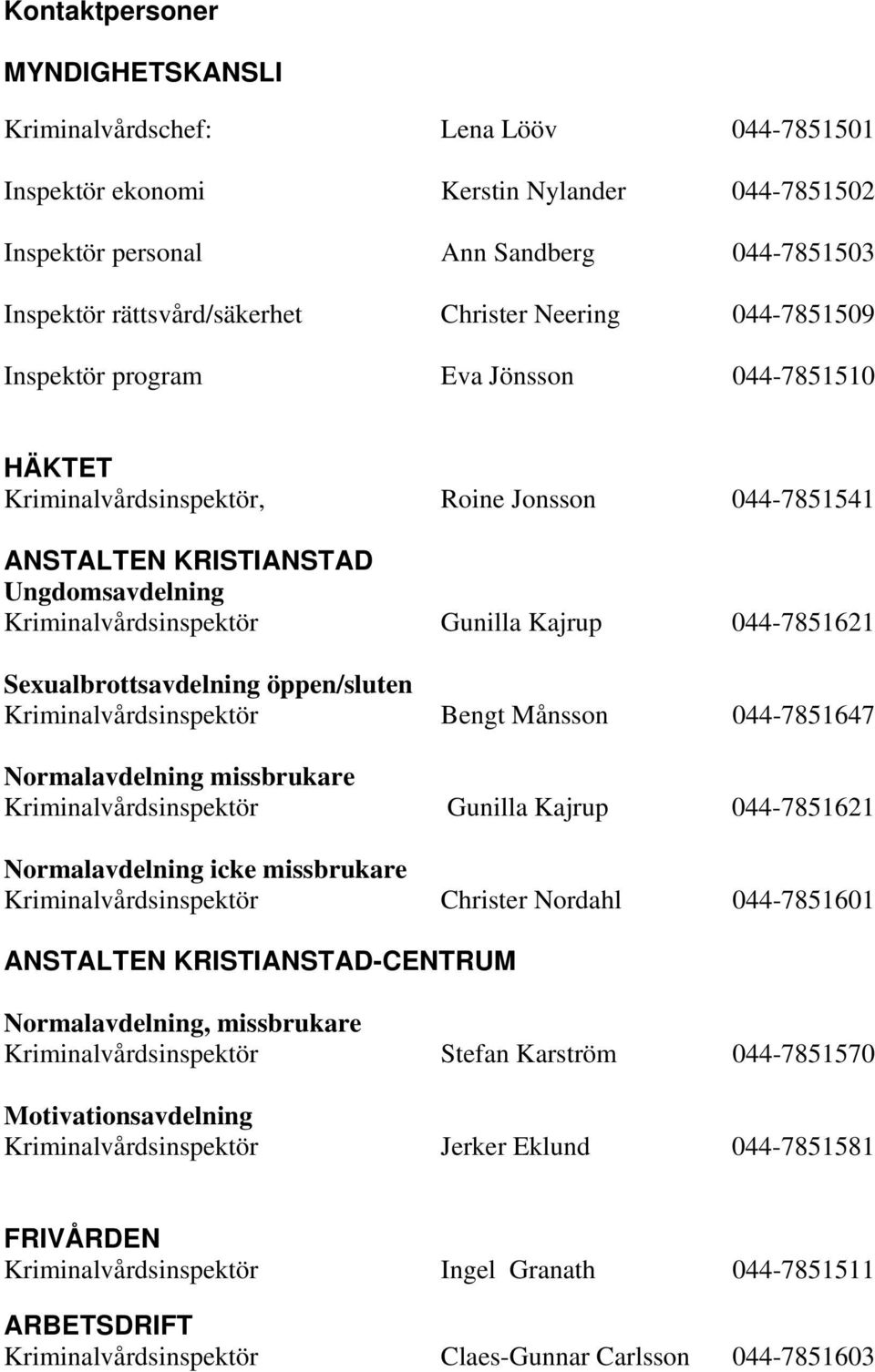 Kajrup 044-7851621 Sexualbrottsavdelning öppen/sluten Kriminalvårdsinspektör Bengt Månsson 044-7851647 Normalavdelning missbrukare Kriminalvårdsinspektör Gunilla Kajrup 044-7851621 Normalavdelning