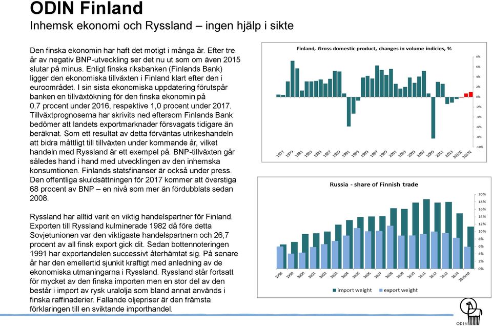 I sin sista ekonomiska uppdatering förutspår banken en tillväxtökning för den finska ekonomin på 0,7 procent under 2016, respektive 1,0 procent under 2017.