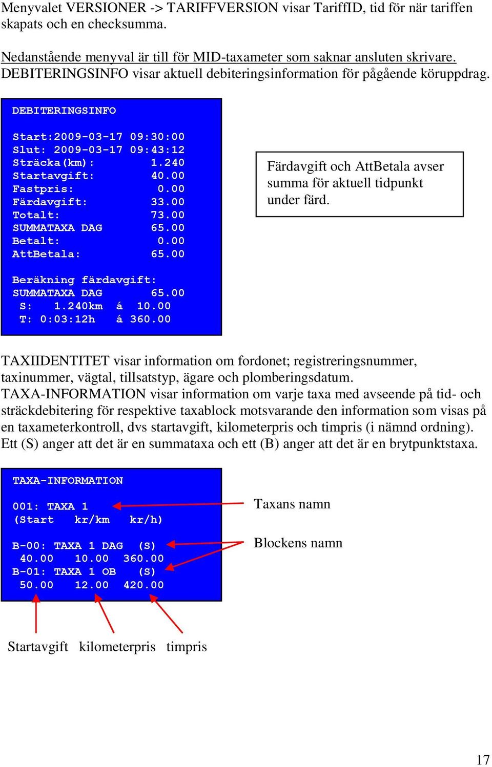 00 Färdavgift: 33.00 Totalt: 73.00 SUMMATAXA DAG 65.00 Betalt: 0.00 AttBetala: 65.00 Färdavgift och AttBetala avser summa för aktuell tidpunkt under färd. Beräkning färdavgift: SUMMATAXA DAG 65.
