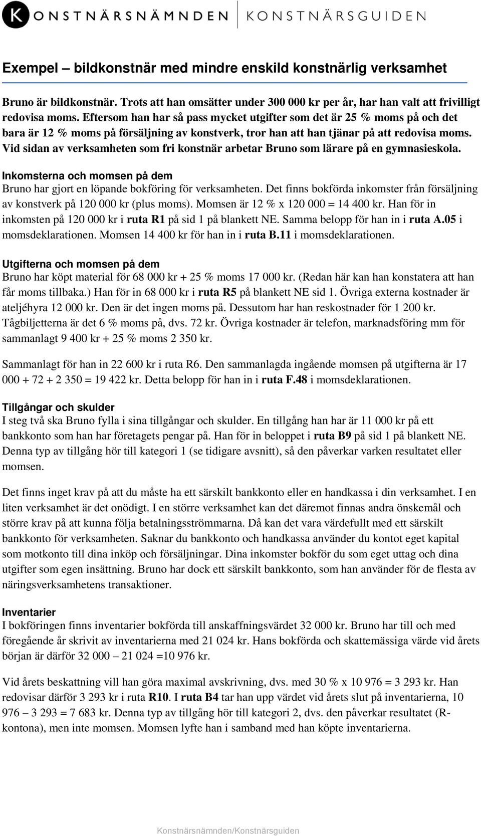 Vid sidan av verksamheten som fri konstnär arbetar Bruno som lärare på en gymnasieskola. Inkomsterna och momsen på dem Bruno har gjort en löpande bokföring för verksamheten.