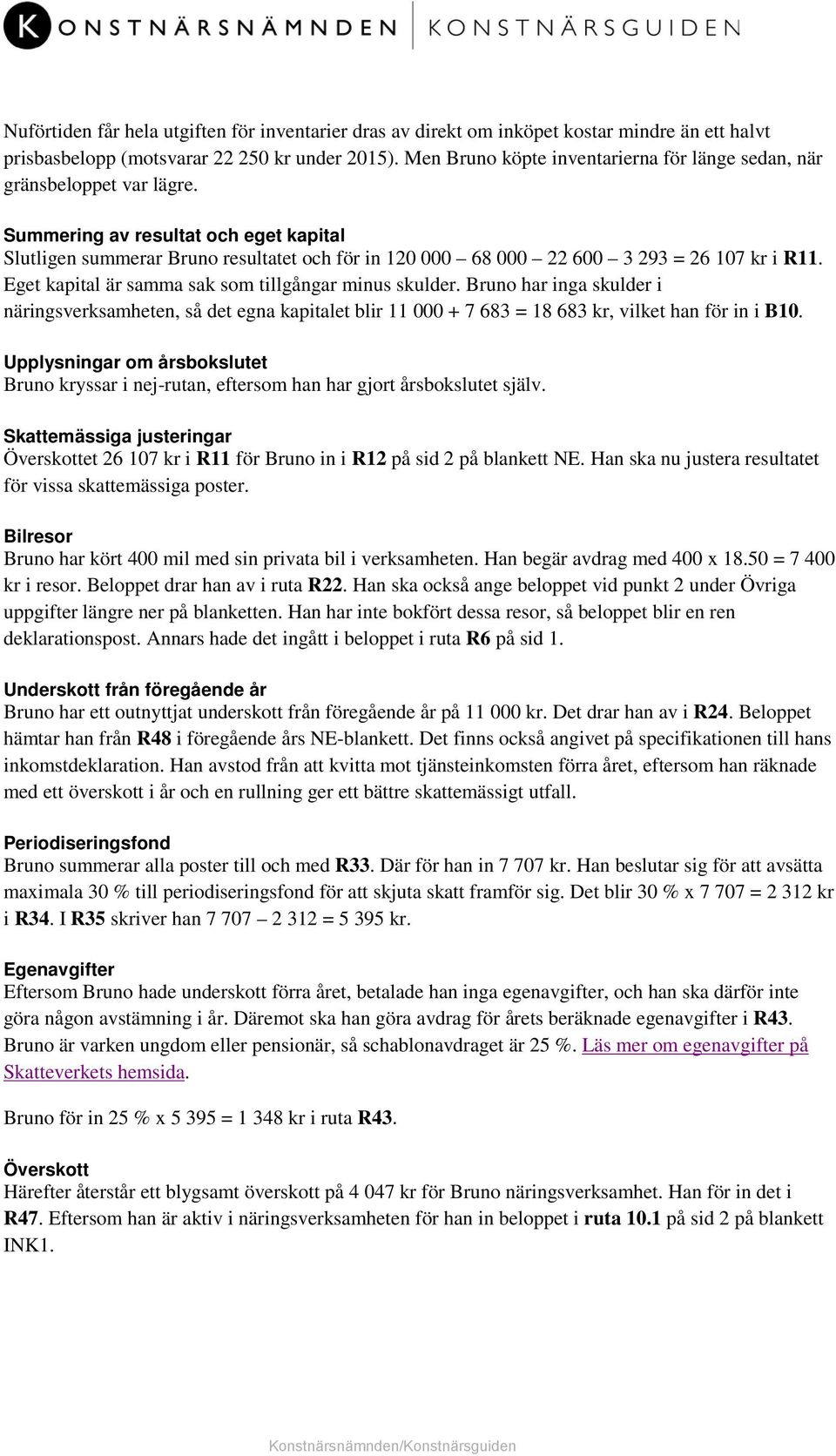 Summering av resultat och eget kapital Slutligen summerar Bruno resultatet och för in 120 000 68 000 22 600 3 293 26 107 kr i R11. Eget kapital är samma sak som tillgångar minus skulder.