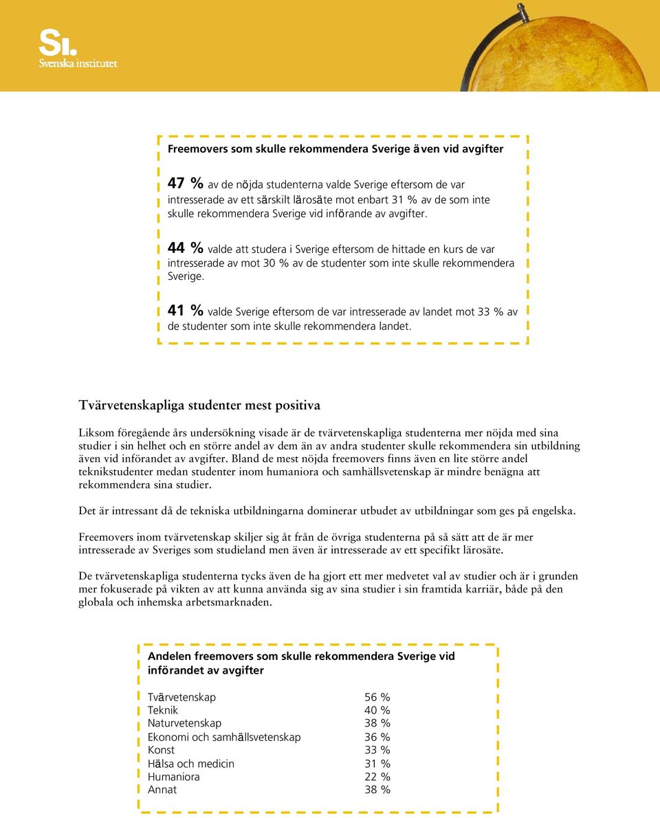 44 % valde att studera i Sverige eftersom de hittade en kurs de var intresserade av mot 30 % av de studenter som inte skulle rekommendera 41 % valde Sverige eftersom de var intresserade av landet mot