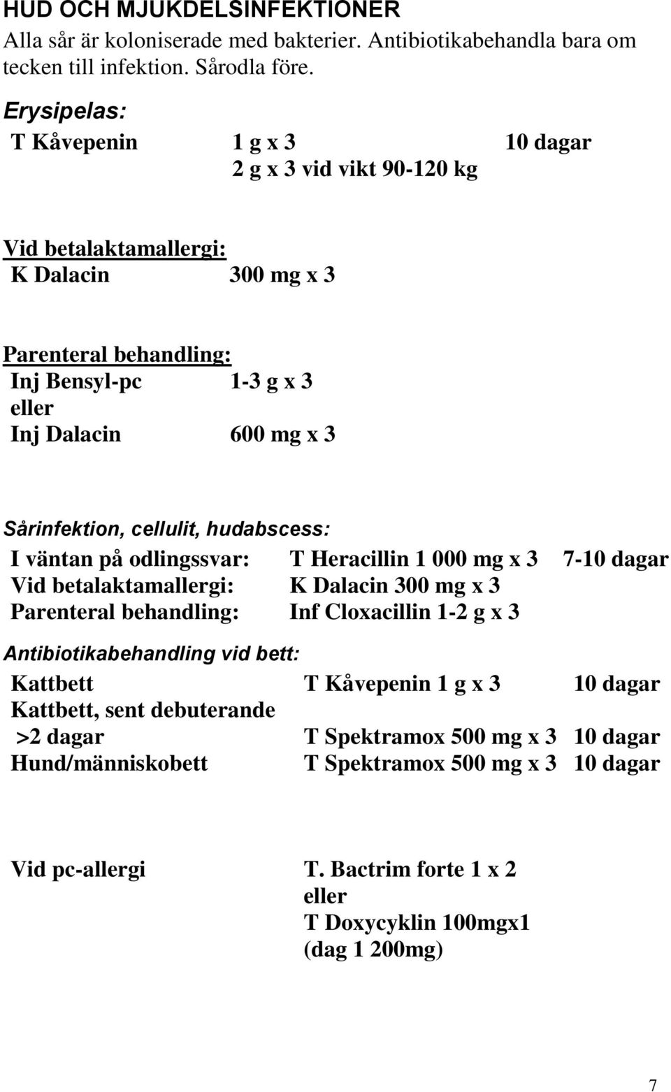 Sårinfektion, cellulit, hudabscess: I väntan på odlingssvar: T Heracillin 1 000 mg x 3 7-10 dagar Vid betalaktamallergi: K Dalacin 300 mg x 3 Parenteral behandling: Inf Cloxacillin 1-2 g x 3