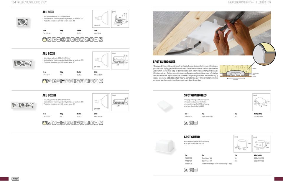 32 7 510 61 Max 2x50W 168x88 0 178 100 SPOT GUARD GLES Kåpa avsedd för minidownlights och vanliga lågbyggande downlights med stifthalogen ljuskälla samt lågbyggande LED-armaturer.