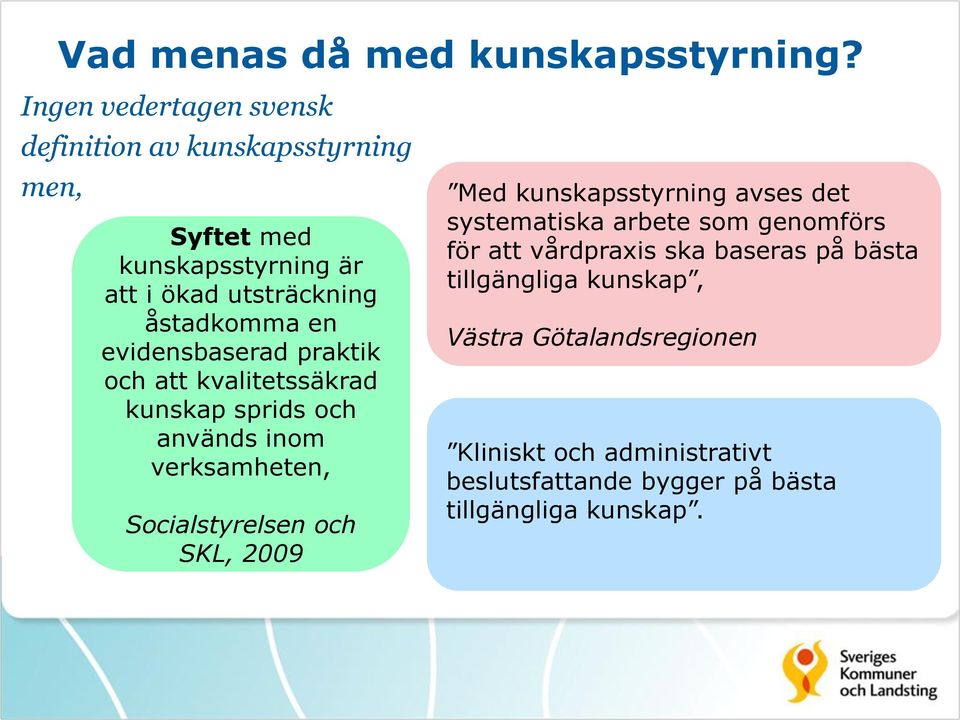 evidensbaserad praktik och att kvalitetssäkrad kunskap sprids och används inom verksamheten, Socialstyrelsen och SKL, 2009 Med