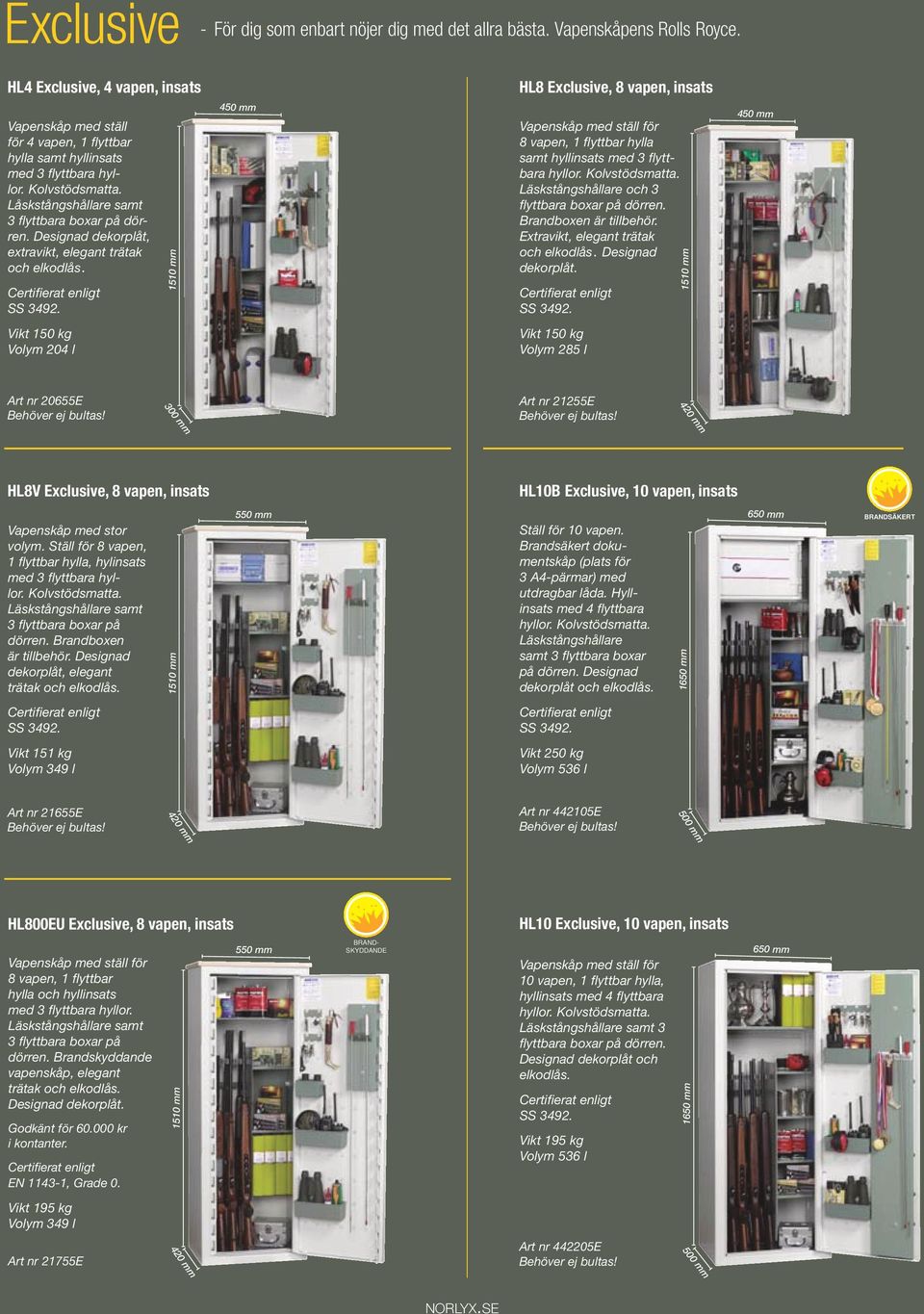 HL8 Exclusive, 8 vapen, insats ställ för 8 vapen, 1 flyttbar hylla samt hyllinsats med 3 flyttbara hyllor. och 3 flyttbara Brandboxen är tillbehör. Extravikt, elegant trätak och elkodlås.