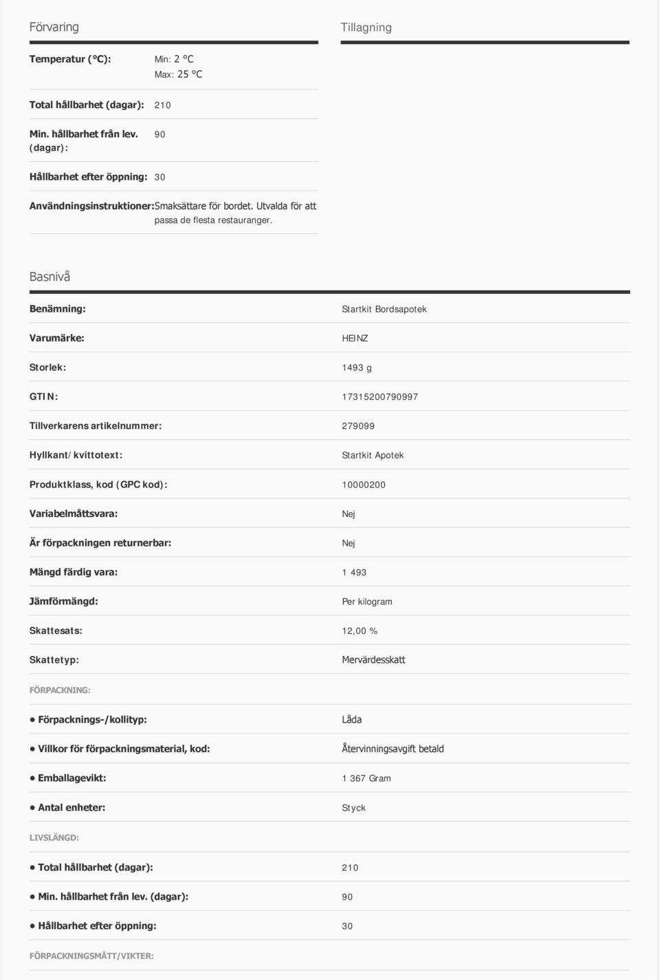 Basnivå Benämning: Startkit Bordsapotek Varumärke: HEINZ Storlek: 1493 g GTIN: 17315200790997 Tillverkarens artikelnummer: 279099 Hyllkant/kvittotext: Startkit Apotek Produktklass, kod (GPC kod):