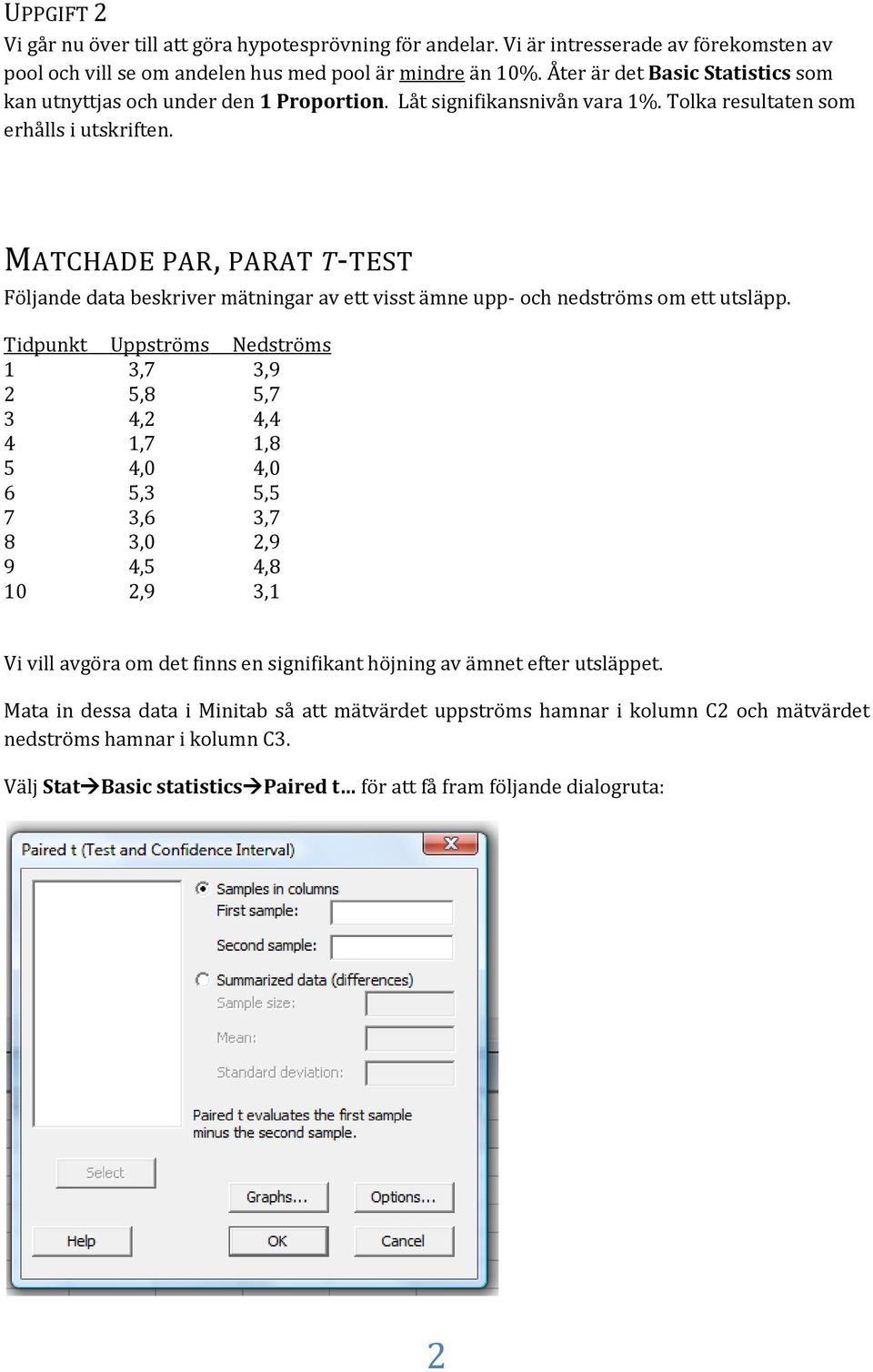 MATCHADE PAR, PARAT T-TEST Följande data beskriver mätningar av ett visst ämne upp- och nedströms om ett utsläpp.