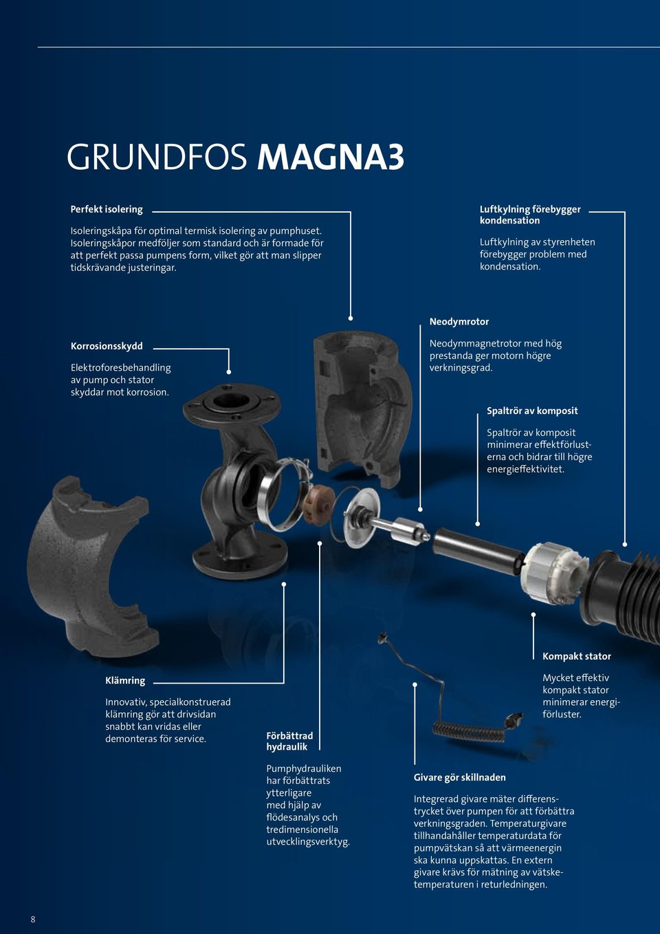 Luftkylning förebygger kondensation Luftkylning av styrenheten förebygger problem med kondensation. Neodymrotor Korrosionsskydd Elektroforesbehandling av pump och stator skyddar mot korrosion.