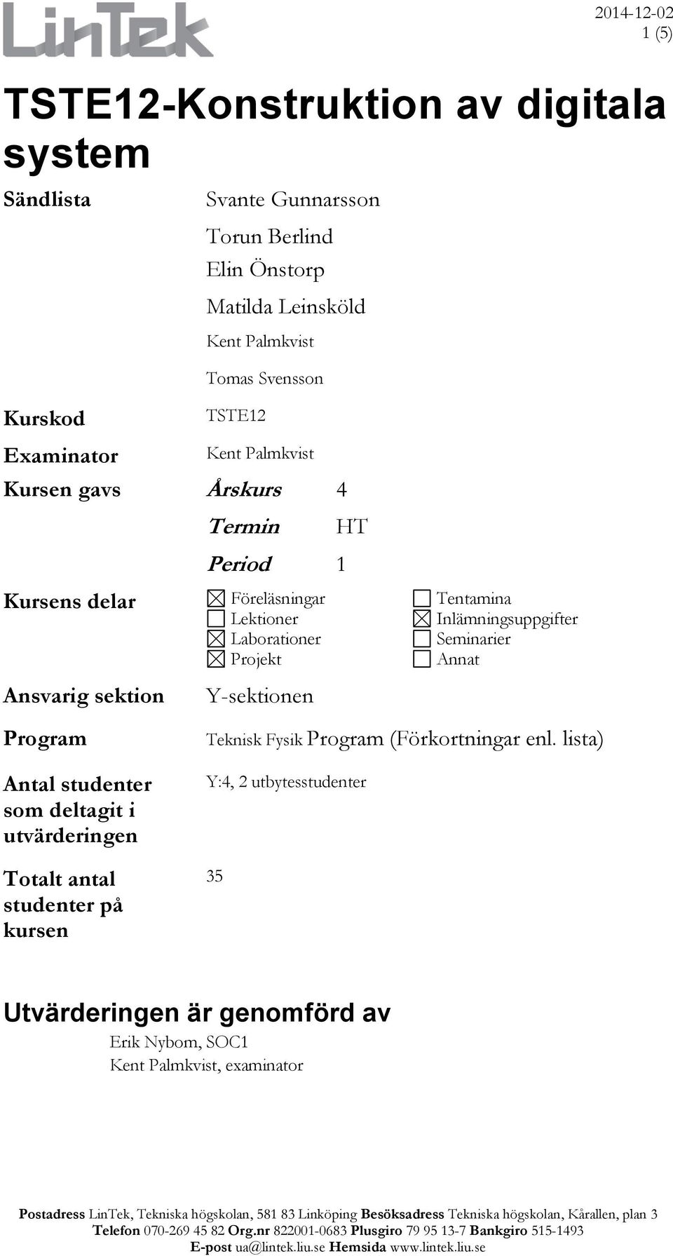 Projekt Y-sektionen Tentamina Inlämningsuppgifter Seminarier Annat Program Antal studenter som deltagit i utvärderingen Totalt antal studenter på