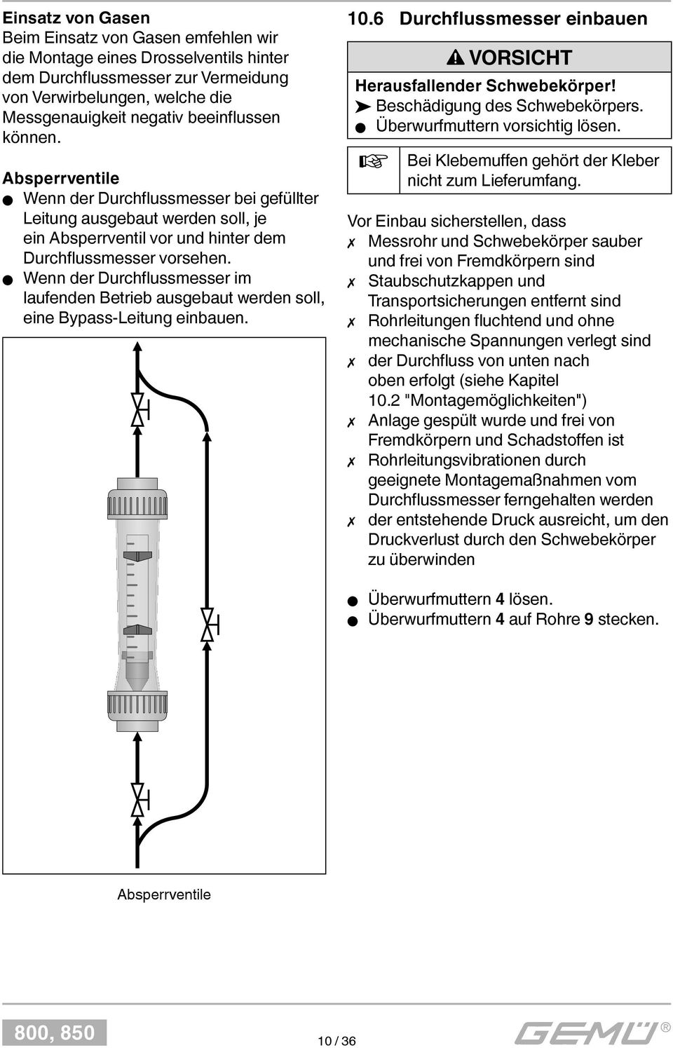 Wenn der Durchflussmesser im laufenden Betrieb ausgebaut werden soll, eine Bypass-Leitung einbauen. 10.6 Durchflussmesser einbauen VORSICHT Herausfallender Schwebekörper!