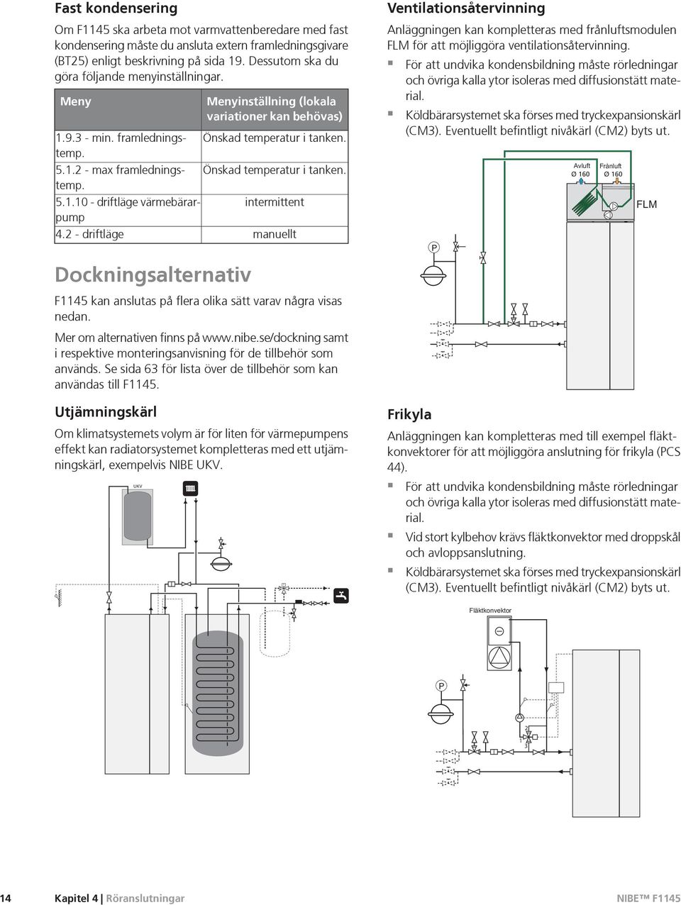 Önskad temperatur i tanken. 5.1.10 - driftläge värmebärarpump intermittent 4.2 - driftläge manuellt Dockningsalternativ F1145 kan anslutas på flera olika sätt varav några visas nedan.