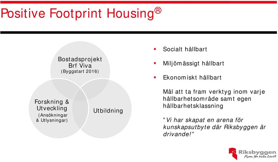 Utlysningar) Utbildning Mål att ta fram verktyg inom varje hållbarhetsområde samt