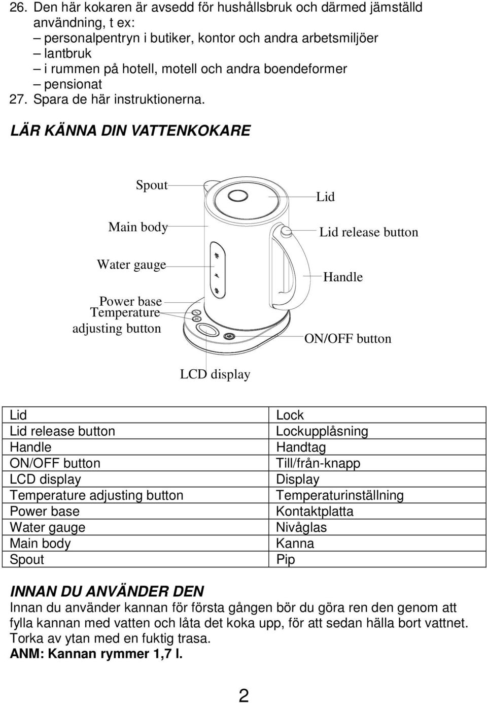 LÄR KÄNNA DIN VATTENKOKARE Spout Main body Water gauge Power base Temperature adjusting button Lid Lid release button Handle ON/OFF button LCD display Lid Lid release button Handle ON/OFF button LCD