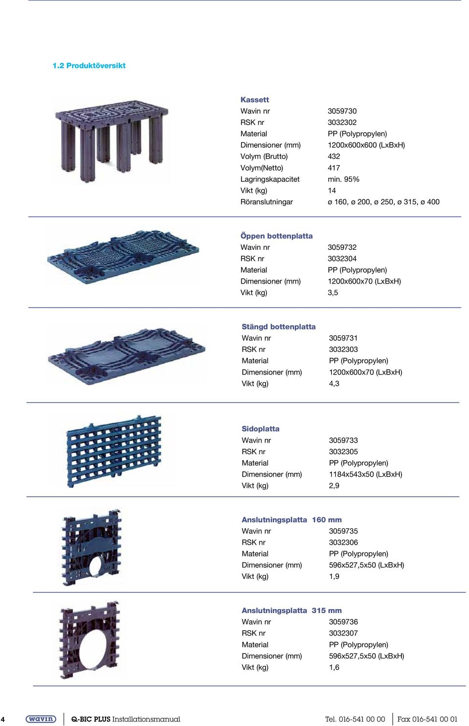 bottenplatta Wavin nr 3059731 RSK nr 3032303 PP (Polypropylen) Dimensioner (mm) 1200x600x70 (LxBxH) Vikt (kg) 4,3 Sidoplatta Wavin nr 3059733 RSK nr 3032305 PP (Polypropylen) Dimensioner (mm)