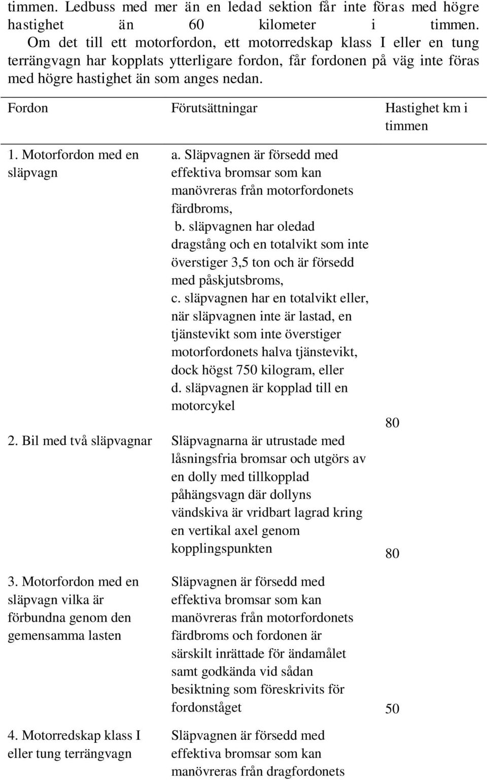 Fordon Förutsättningar Hastighet km i timmen 1. Motorfordon med en släpvagn a. Släpvagnen är försedd med manövreras från motorfordonets färdbroms, b.