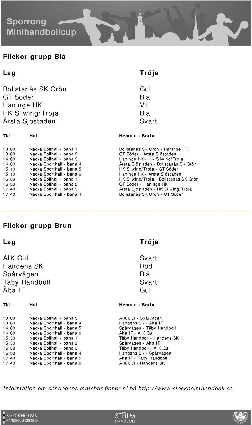 Sjöstaden - HK Silwing/Troja Bollstanäs SK - GT Söder Flickor grupp Brun AIK Gul Handens SK Spårvägen Täby Handboll Älta IF Gul 13:00 13:00 14:00 14:00 15:30 15:30 16:30 16:30 17:40 17:40 AIK Gul -
