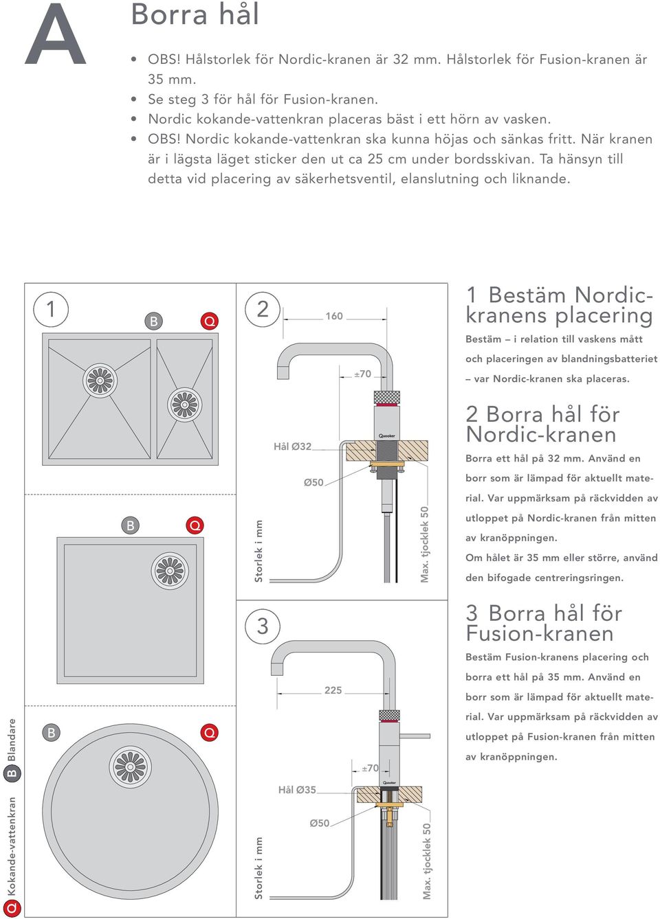 1 Bestäm Nordickranens placering Bestäm i relation till vaskens mått och placeringen av blandningsbatteriet var Nordic-kranen ska placeras. 2 Borra hål för Nordic-kranen Borra ett hål på 32 mm.
