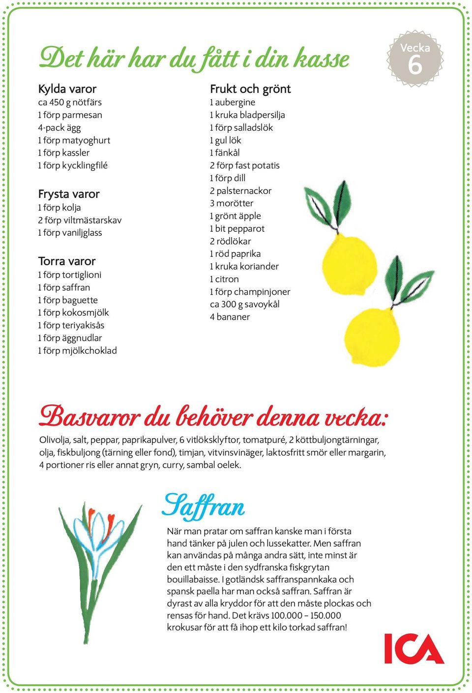 förp salladslök 1 gul lök 1 fänkål 2 förp fast potatis 1 förp dill 2 palsternackor 3 morötter 1 grönt äpple 1 bit pepparot 2 rödlökar 1 röd paprika 1 kruka koriander 1 citron 1 förp champinjoner ca