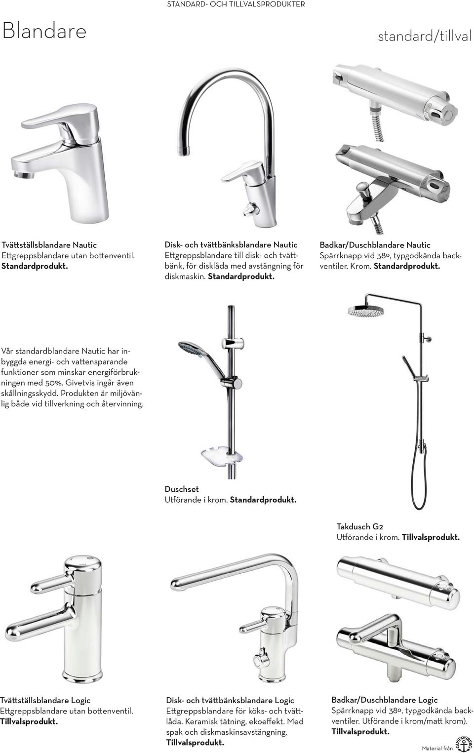 Badkar/Duschblandare Nautic Spärrknapp vid 38º, typgodkända backventiler. Krom. Standardprodukt.