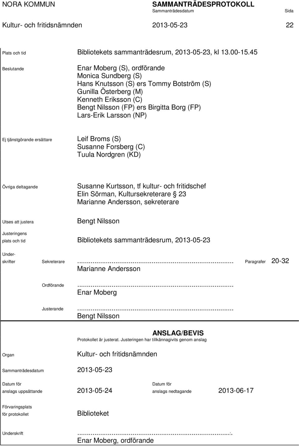 Larsson (NP) Ej tjänstgörande ersättare Leif Broms (S) Susanne Forsberg (C) Tuula Nordgren (KD) Övriga deltagande Susanne Kurtsson, tf kultur- och fritidschef Elin Sörman, Kultursekreterare 23