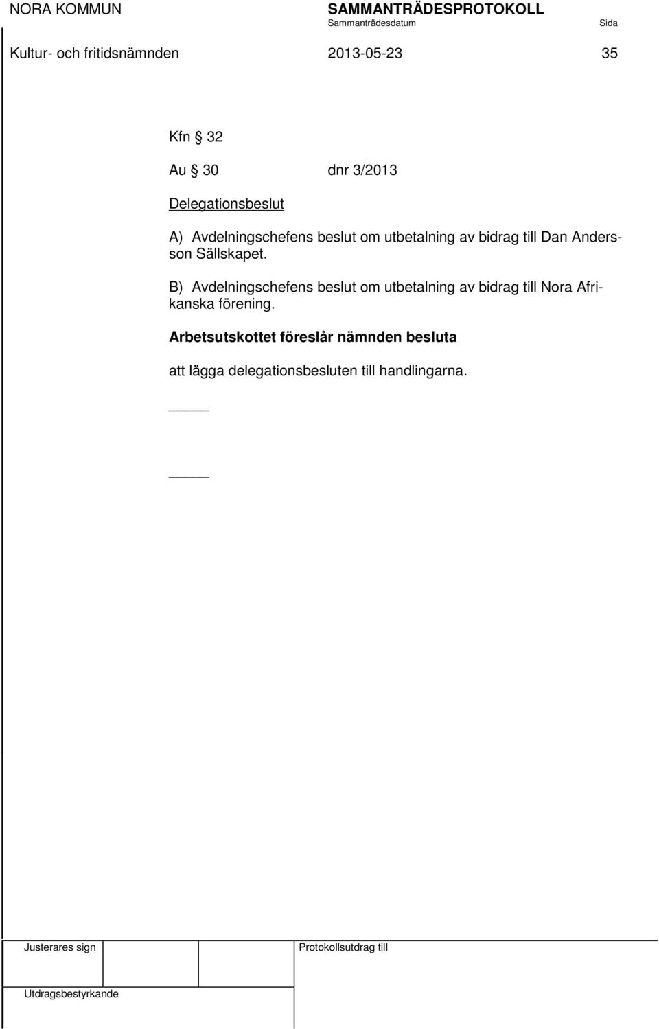 B) Avdelningschefens beslut om utbetalning av bidrag till Nora Afrikanska förening.