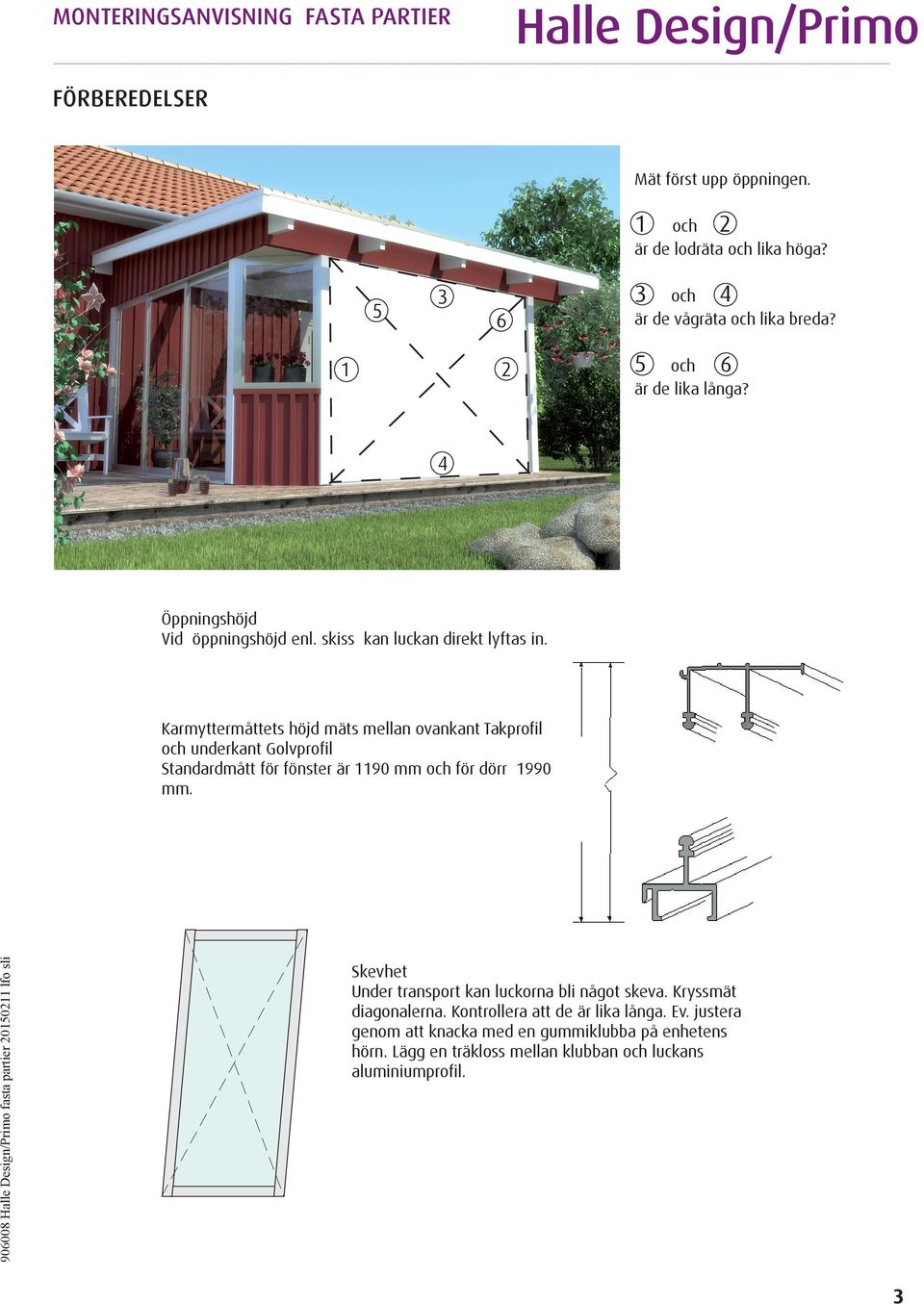 Karmyttermåttets höjd mäts mellan ovankant Takprofil och underkant Golvprofil Standardmått för fönster är 1190 mm och för dörr 1990 mm.