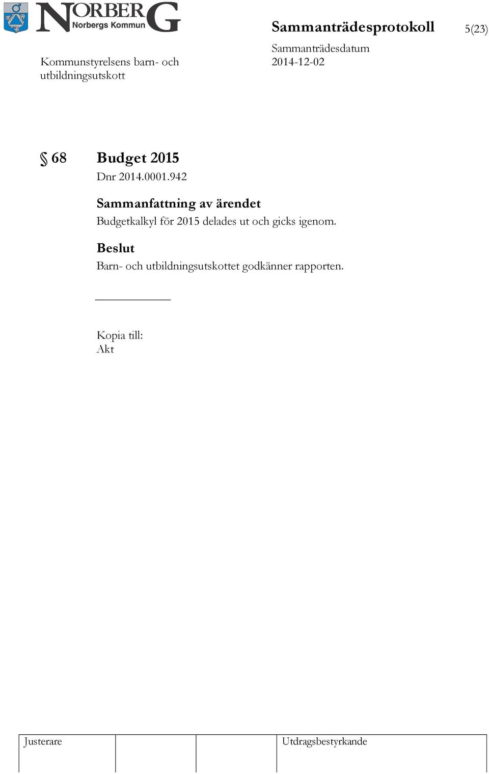 942 Budgetkalkyl för 2015 delades ut
