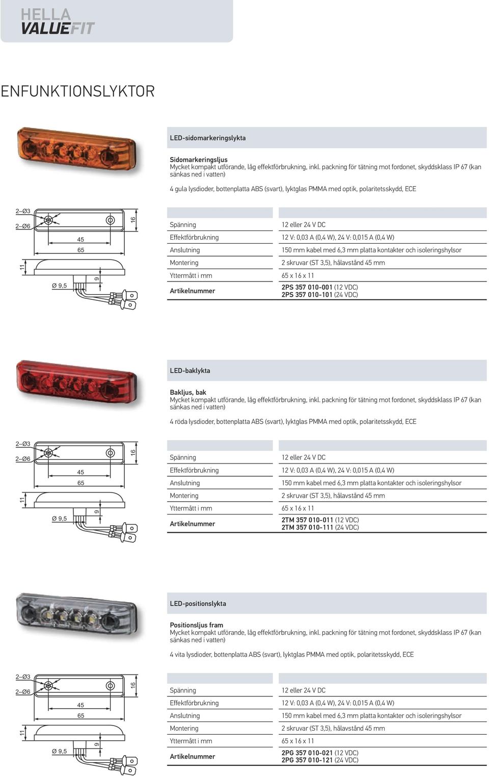 W), 24 V: 0,015 A (0,4 W) 65 150 mm kabel med 6,3 mm platta kontakter och isoleringshylsor 11 Ø 9,5 Yttermått i mm 65 x 16 x 11 2 skruvar (ST 3,5), hålavstånd mm 2PS 357 010-001 (12 VDC) 2PS 357