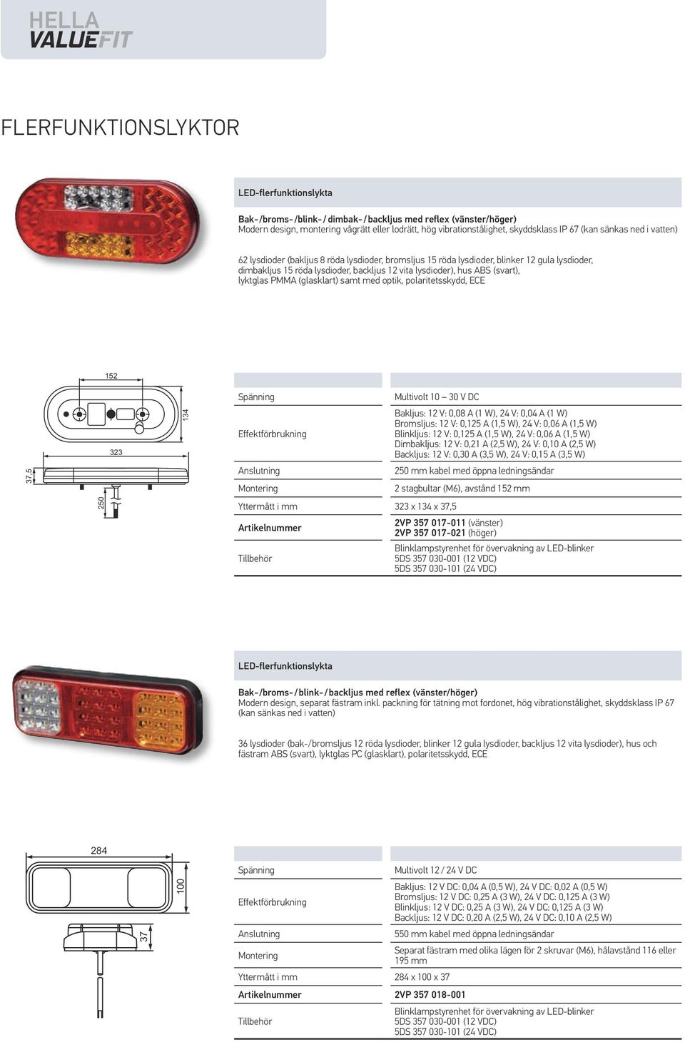 (svart), lyktglas PMMA (glasklart) samt med optik, polaritetsskydd, ECE 152 323 134 Bakljus: 12 V: 0,08 A (1 W), 24 V: 0,04 A (1 W) Bromsljus: 12 V: 0,125 A (1,5 W), 24 V: 0,06 A (1,5 W) Blinkljus: