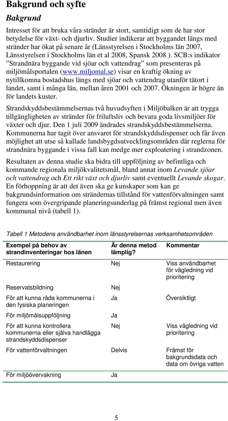 SCB:s indikator Strandnära byggande vid sjöar och vattendrag som presenteras på miljömålsportalen (www.miljomal.