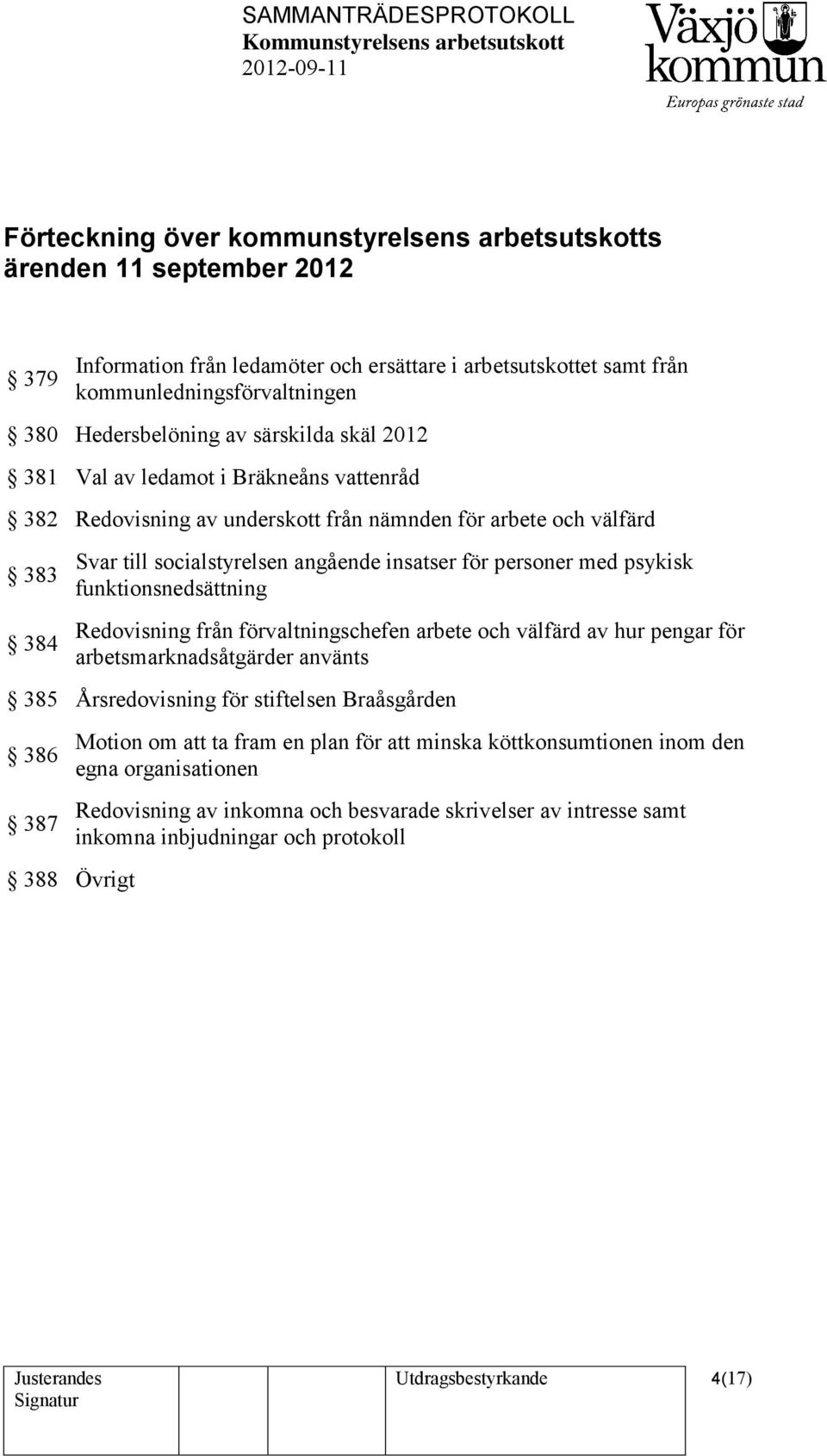 psykisk funktionsnedsättning Redovisning från förvaltningschefen arbete och välfärd av hur pengar för arbetsmarknadsåtgärder använts 385 Årsredovisning för stiftelsen Braåsgården 386 387 388 Övrigt