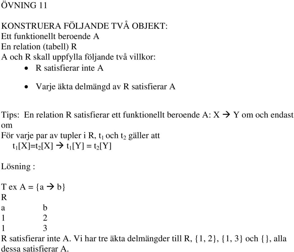 beroende A: X Y om och endast om För varje par av tupler i R, t 1 och t 2 gäller att t 1 [X]=t 2 [X] t 1 [Y] = t 2 [Y] Lösning