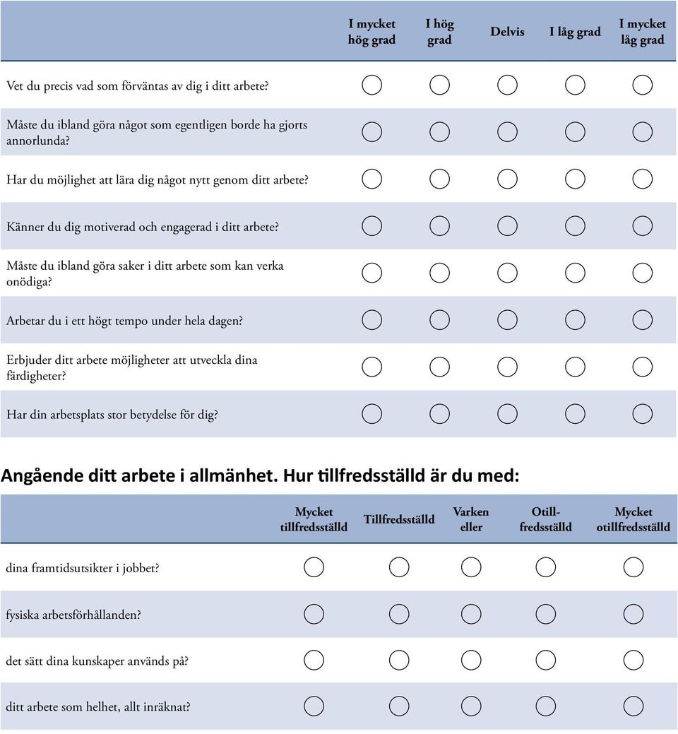 Arbetar du i ett högt tempo under hela dagen? Erbjuder ditt arbete möjligheter att utveckla dina färdigheter? Har din arbetsplats stor betydelse för dig? Angående ditt arbete i allmänhet.