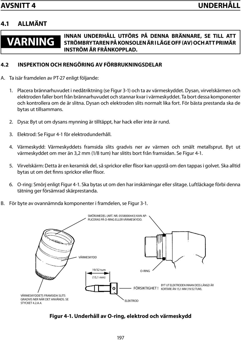 Dysan, virvelskärmen och elektroden faller bort från brännarhuvudet och stannar kvar i värmeskyddet. Ta bort dessa komponenter och kontrollera om de är slitna.
