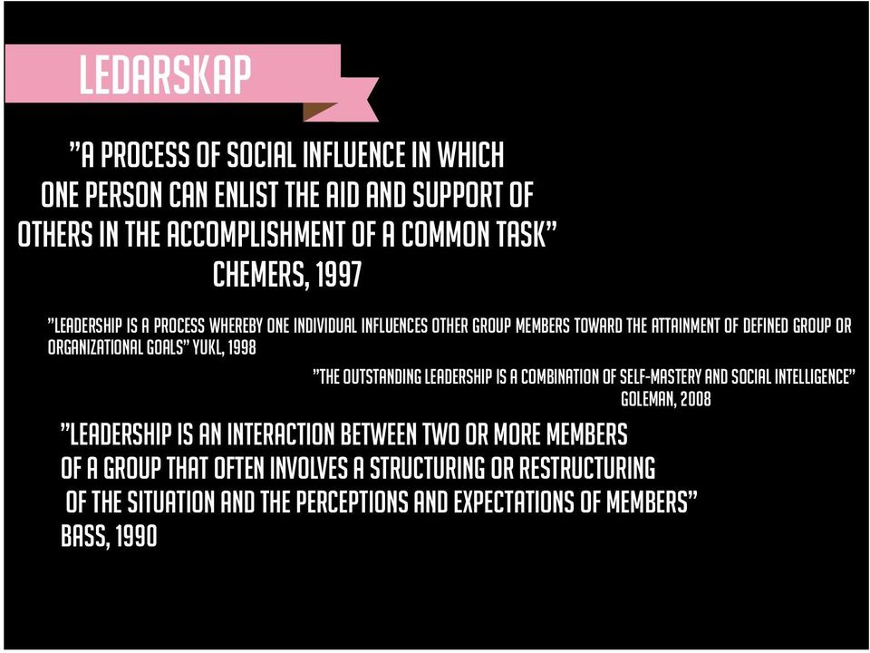 yukl, 1998 The outstanding leadership is a combination of self-mastery and social intelligence Goleman, 2008 Leadership is an interaction between two