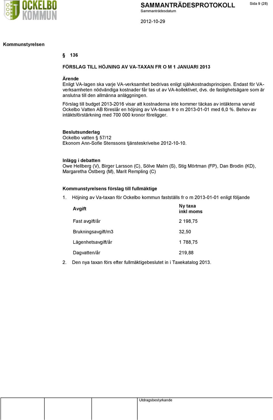 Förslag till budget 2013-2016 visar att kostnaderna inte kommer täckas av intäkterna varvid Ockelbo Vatten AB föreslår en höjning av VA-taxan fr o m 2013-01-01 med 6,0 %.