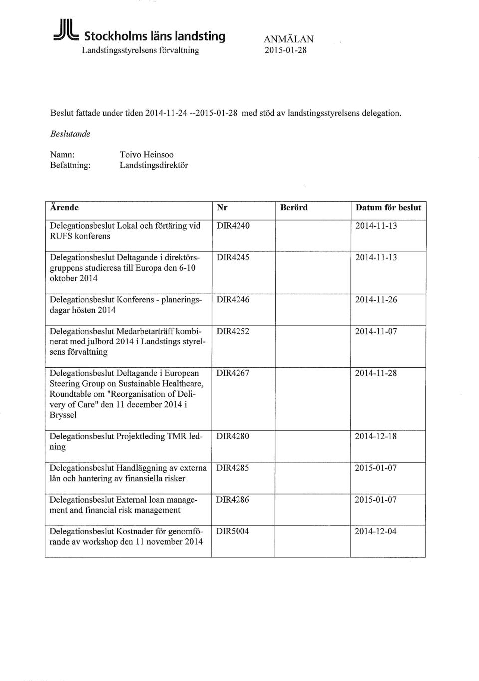 direktörsgruppens studieresa till Europa den 6-10 oktober 2014 Delegationsbeslut Konferens - planeringsdagar hösten 2014 Delegationsbeslut Medarbetarträff kombinerat med julbord 2014 i Landstings