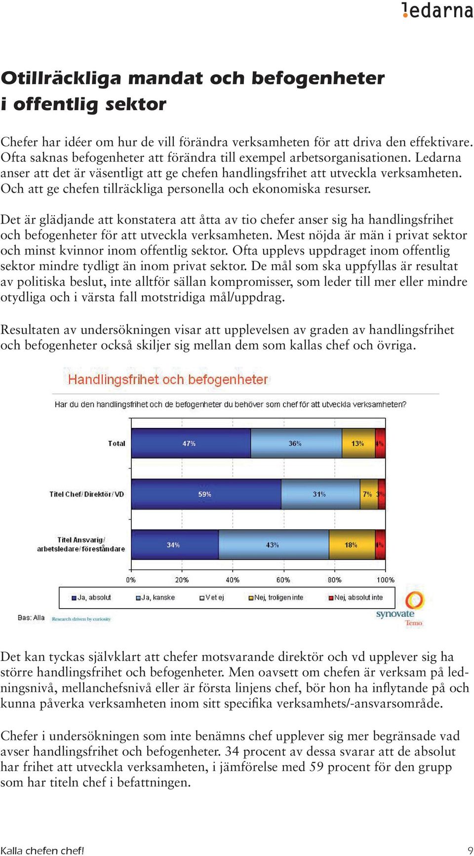 Och att ge chefen tillräckliga personella och ekonomiska resurser. Det är glädjande att konstatera att åtta av tio chefer anser sig ha handlingsfrihet och befogenheter för att utveckla verksamheten.