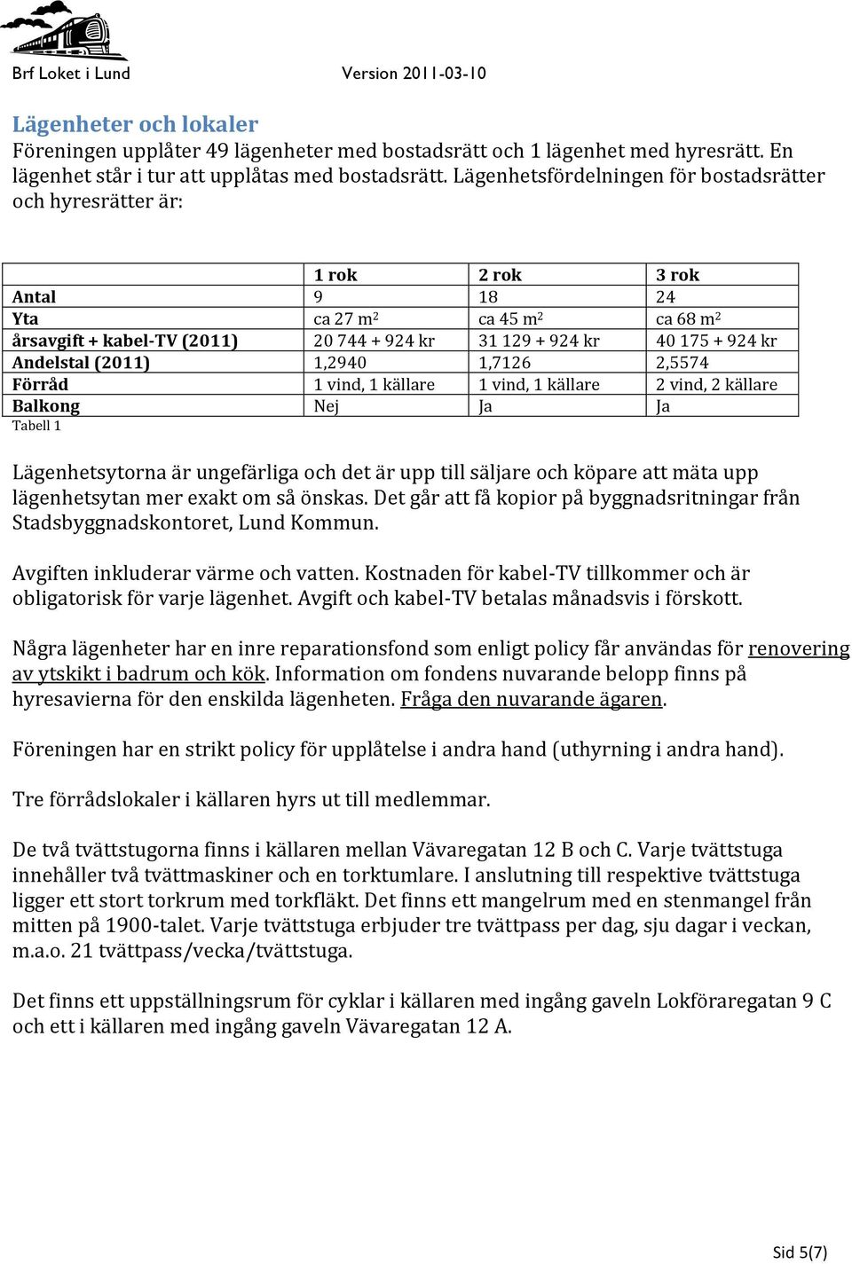 kr Andelstal (2011) 1,2940 1,7126 2,5574 Förråd 1 vind, 1 källare 1 vind, 1 källare 2 vind, 2 källare Balkong Nej Ja Ja Tabell 1 Lägenhetsytorna är ungefärliga och det är upp till säljare och köpare