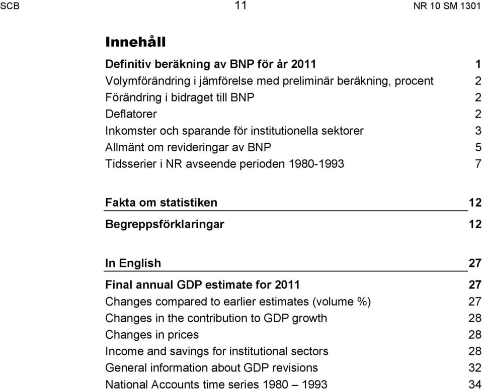 statistiken 12 Begreppsförklaringar 12 In English 27 Final annual GDP estimate for 2011 27 Changes compared to earlier estimates (volume %) 27 Changes in the