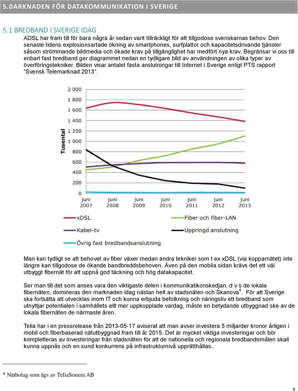 Begränsar vi oss till enbart fast bredband ger diagrammet nedan en tydligare bild av användningen av olika typer av överföringstekniker.
