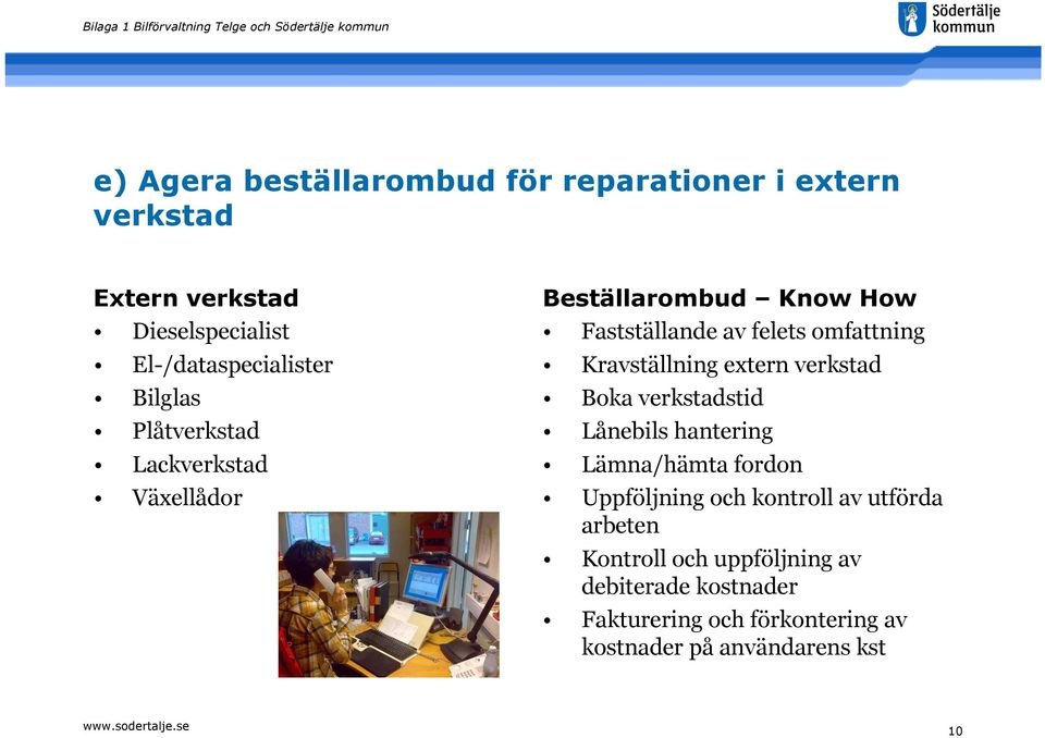 Kravställning extern verkstad Boka verkstadstid Lånebils hantering Lämna/hämta fordon Uppföljning och kontroll av