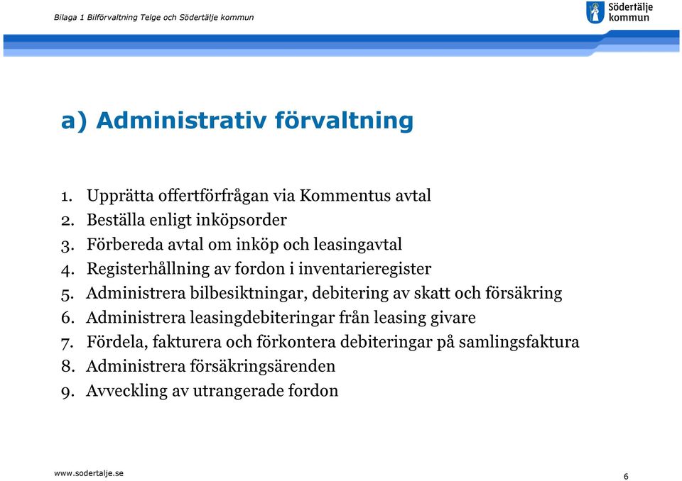 Administrera bilbesiktningar, debitering av skatt och försäkring 6.