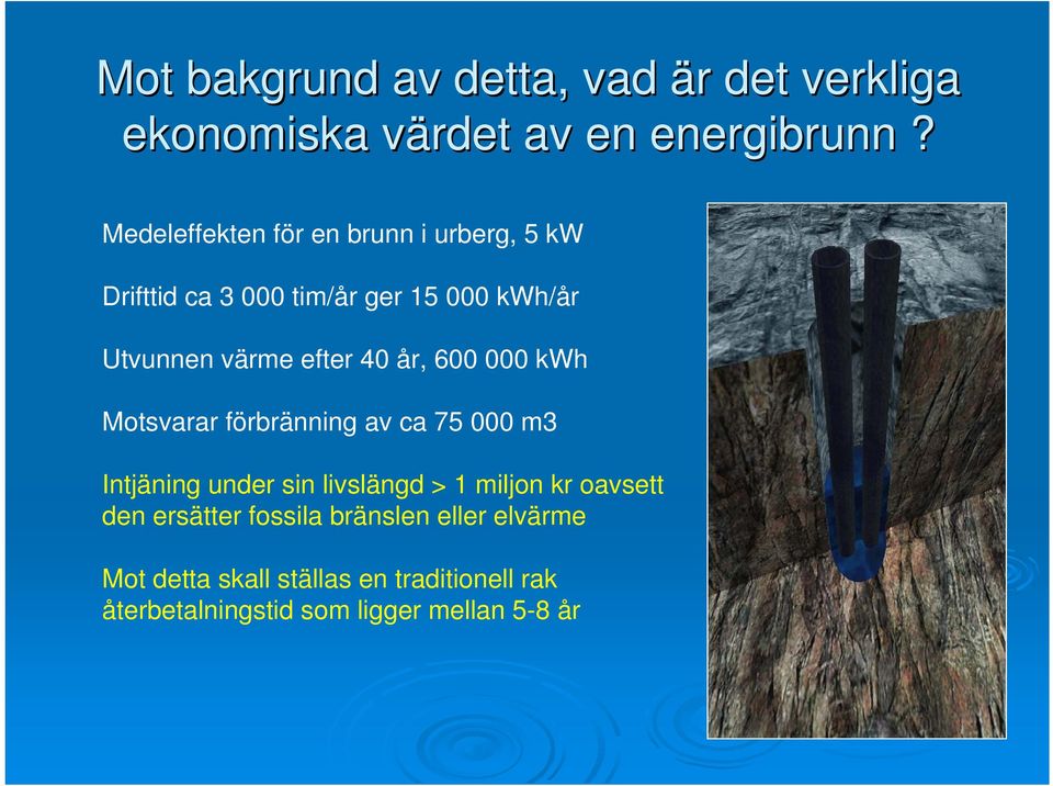 40 år, 600 000 kwh Motsvarar förbränning av ca 75 000 m3 Intjäning under sin livslängd > 1 miljon kr