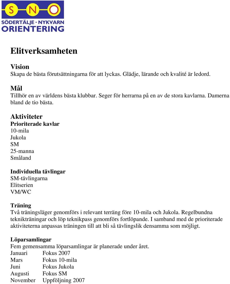 Aktiviteter Prioriterade kavlar 10-mila Jukola SM 25-manna Småland Individuella tävlingar SM-tävlingarna Elitserien VM/WC Träning Två träningsläger genomförs i relevant terräng före 10-mila och