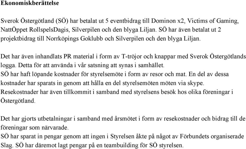 Detta för att använda i vår satsning att synas i samhället. SÖ har haft löpande kostnader för styrelsemöte i form av resor och mat.